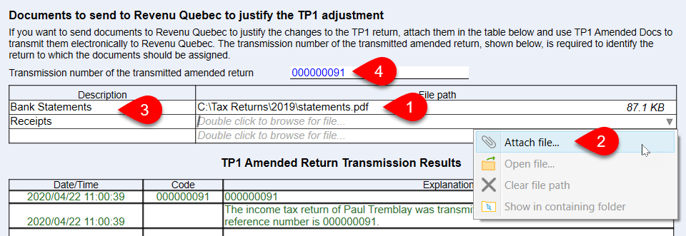 Screen capture of fields for attaching documents for an amended TP1 return