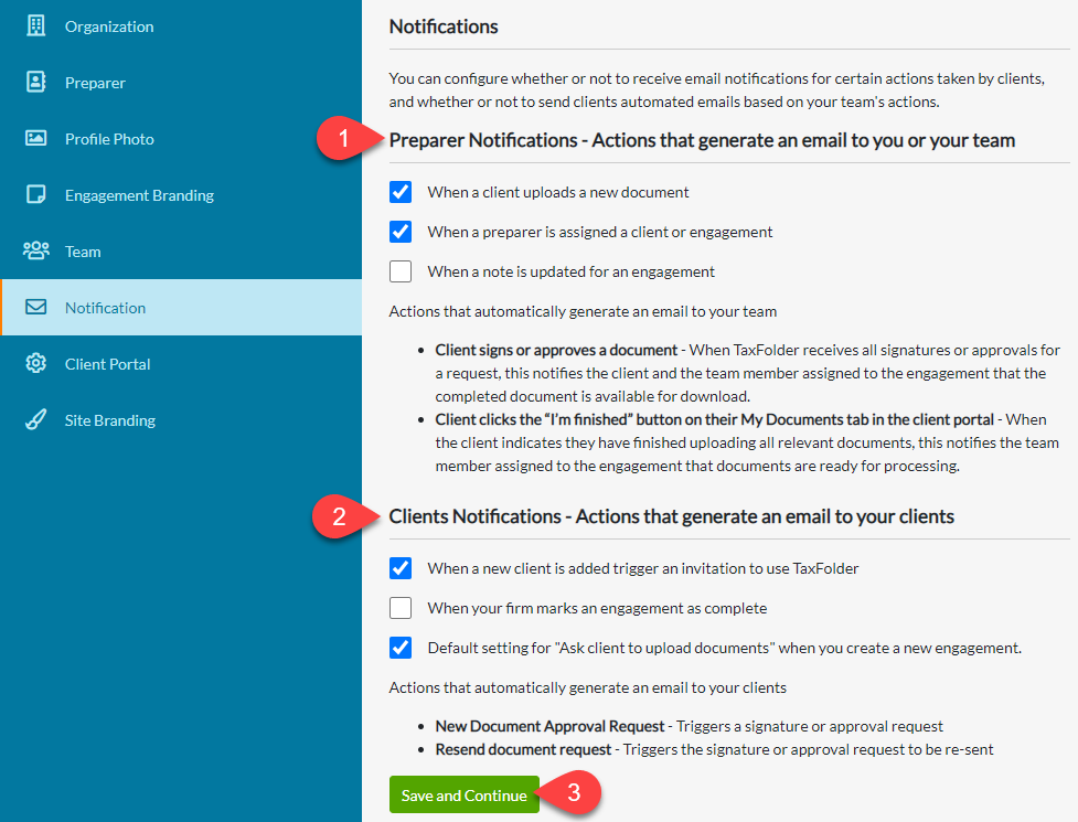 Capture d’écran : Paramètres de notifications TaxFolder