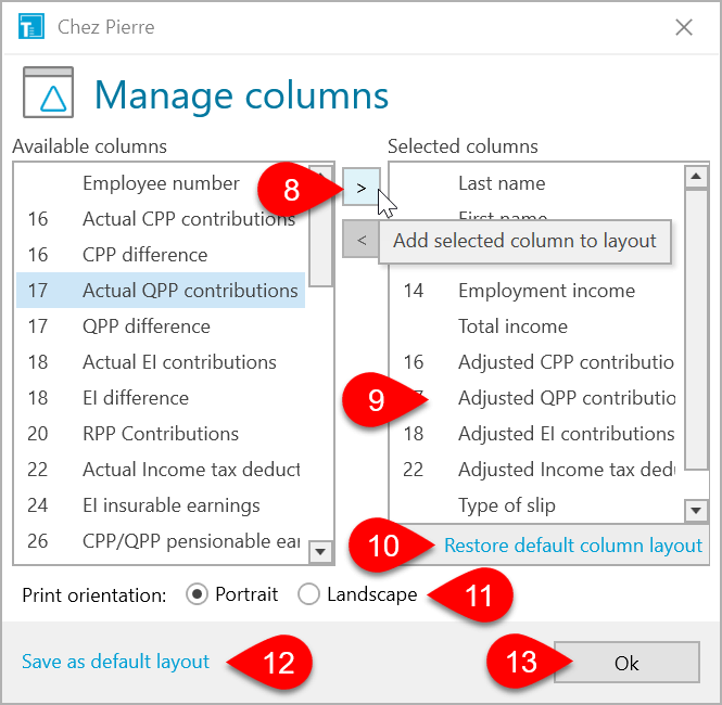 Screen Capture: Manage Columns Dialog Box