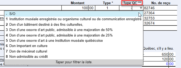 Capture d’écran : Sélectionner le type de don sur la grille TPDons