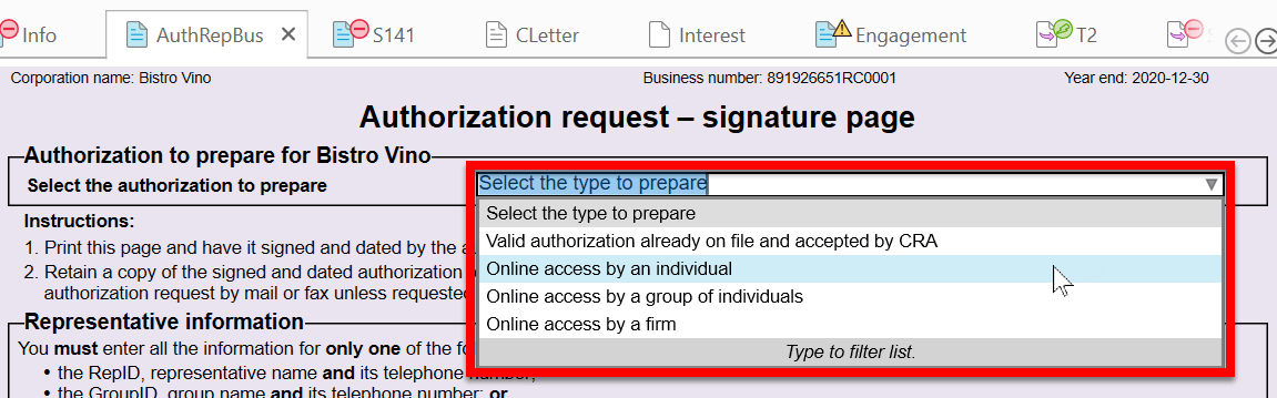 Screen Capture: Select Authorization Type on AuthRepBus