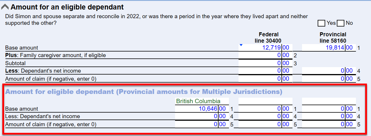 Screen Capture: Amount for Eligible Dependant (Provincial Amounts for Multiple Jurisdictions)