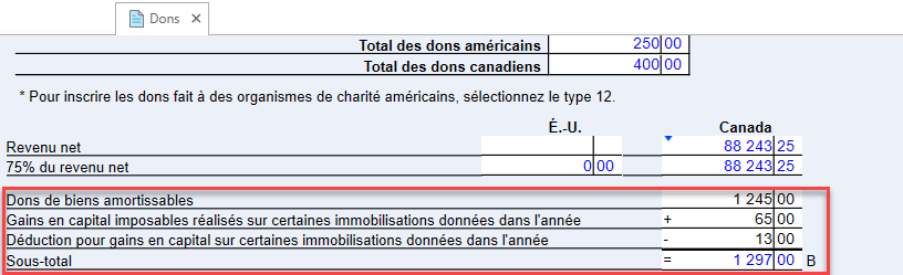 Capture d'écran : Dons de biens amortissables sur la grille de calcul Donsde travail dons