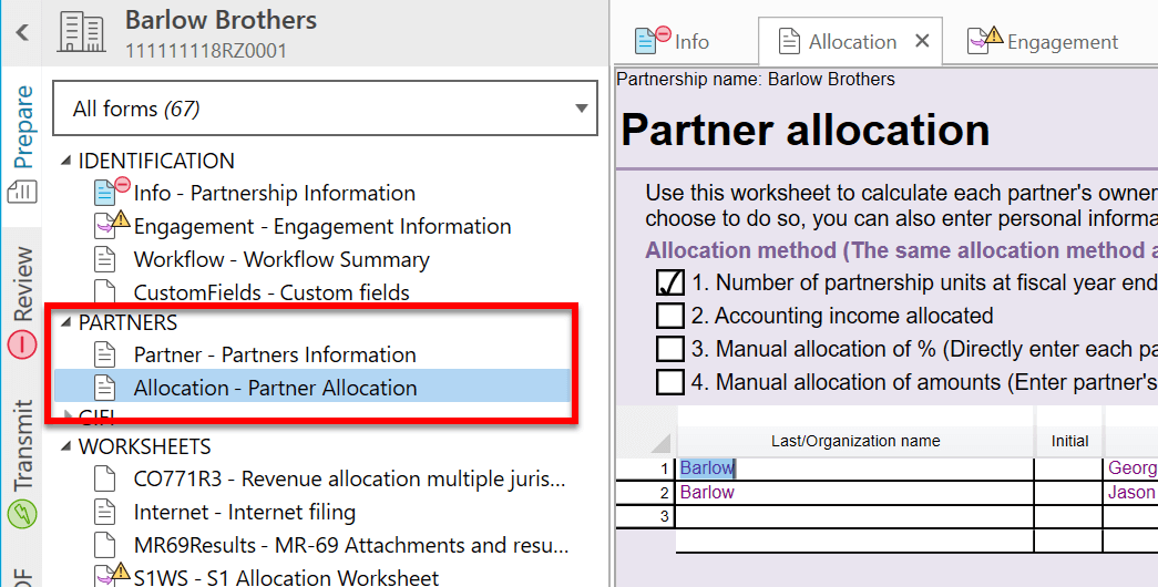 Screen Capture: Partner Allocation Worksheet