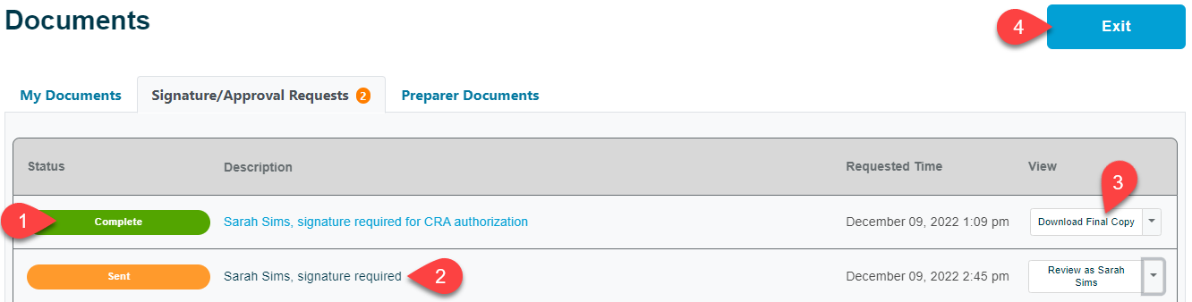 Screen Capture: Signature/Approval Requests Tab