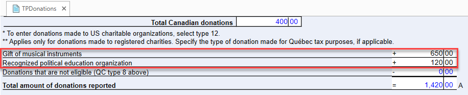 Screen Capture: Additional QC fields on TPDonations worksheet