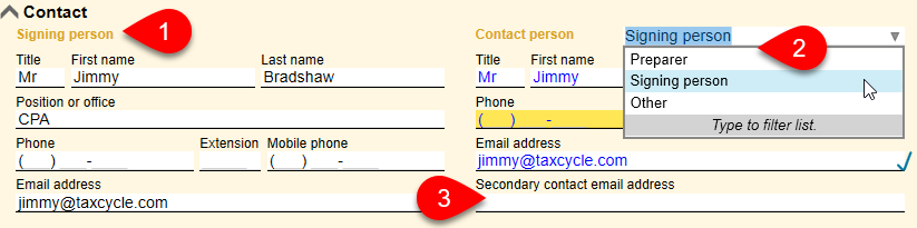 Screen Capture: Choose a contact person on the Info worksheet