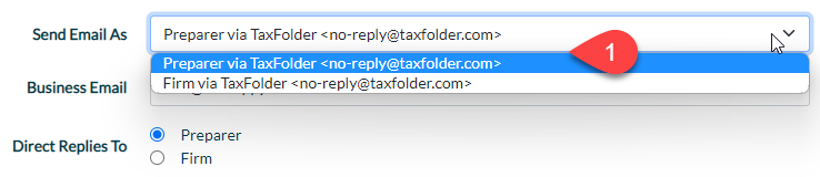 Capture écran : Envoyer un courriel TaxFolder comme préparateur ou l'entreprise