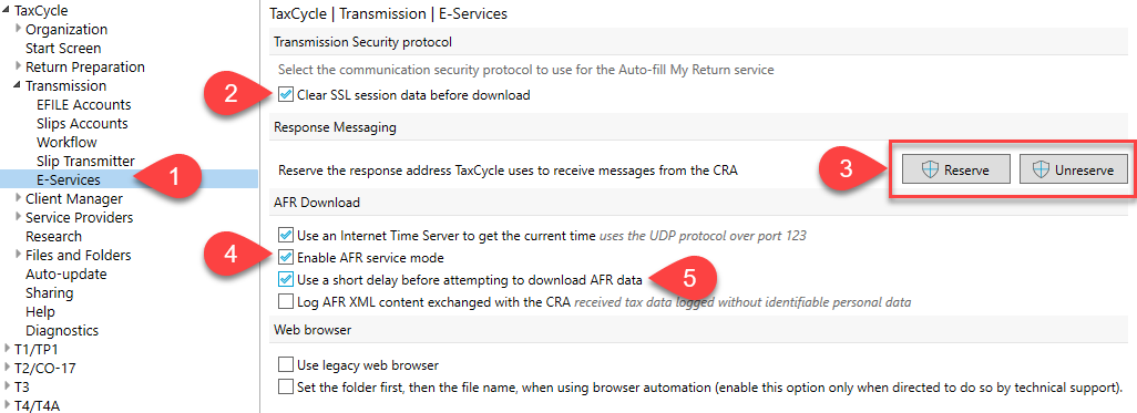 Screen Capture: Transmission options in TaxCycle