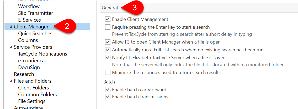 Screen Capture: Client Manager General Options