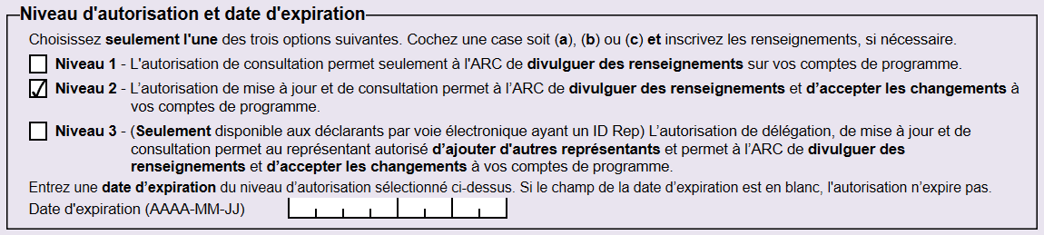 Capture d’écran : Niveau d’autorisation et date d’expiration