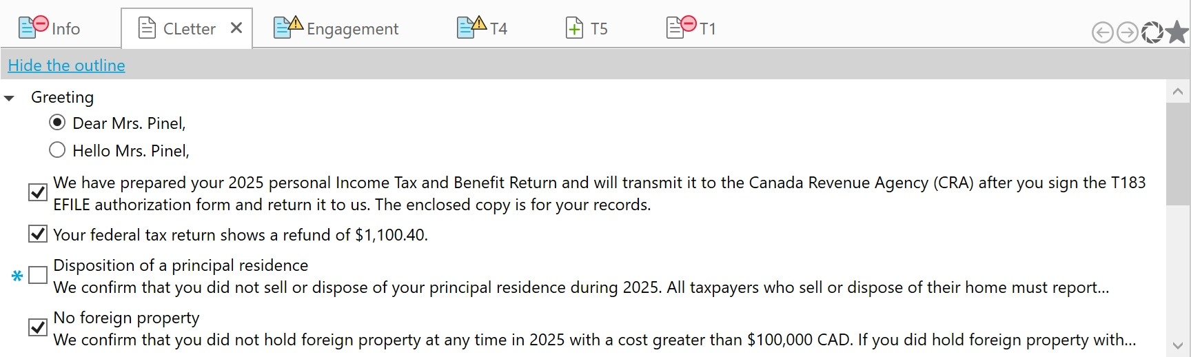 Screen Capture: Template outlines in CLetter