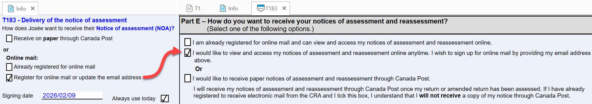 Screen Capture: Info to T183 fields