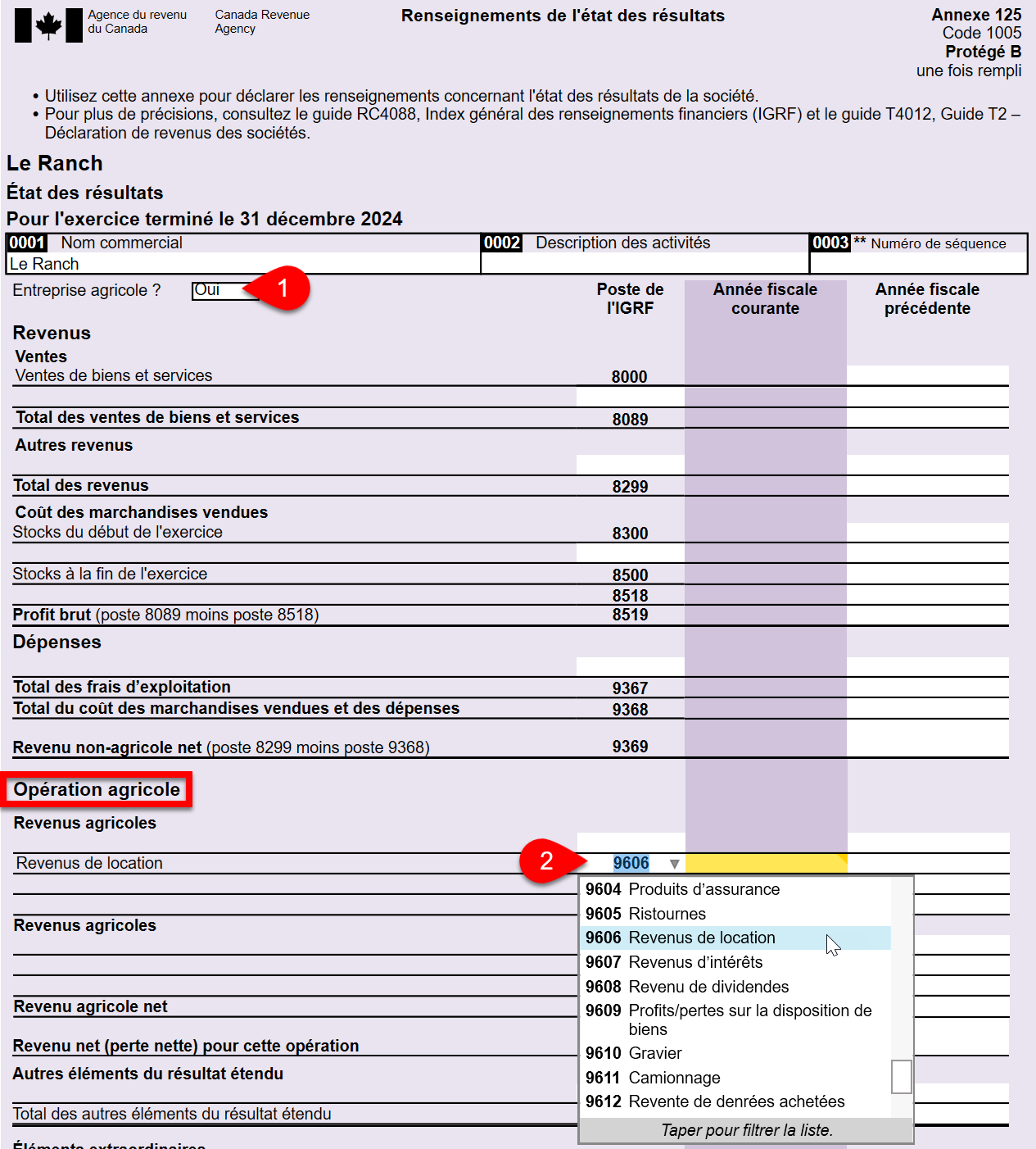 Screen Capture: Show GIFI codes related to farming