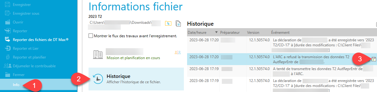 Capture d’écran : Voir les Renseignements et l'historique du fichier