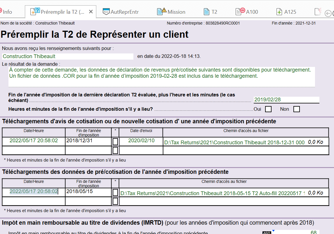 Capture d'écran : Grille de calcul Préremplir la T2