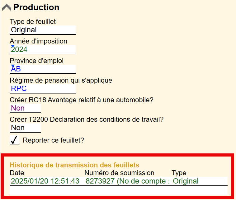 Capture d'écran : ‌Historique de la transmission des feuillets