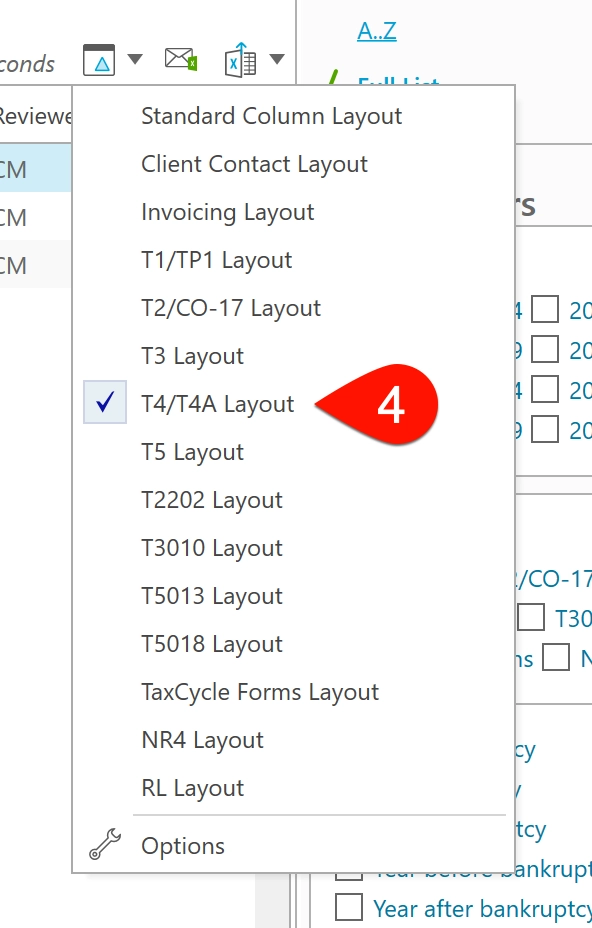 Screen Capture: Column layout menu with T4/T4A Layout selected