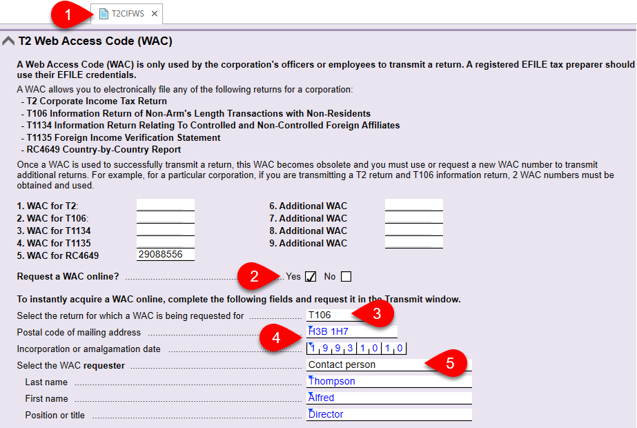 Screen Capture: Request a WAC from the T2CIFWS