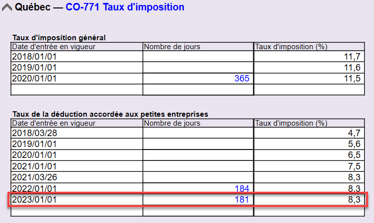 Capture d'écran : Taux d'imposition CO-771