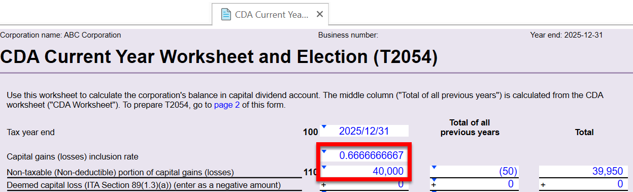 Screen Capture: CDA Current Year worksheet