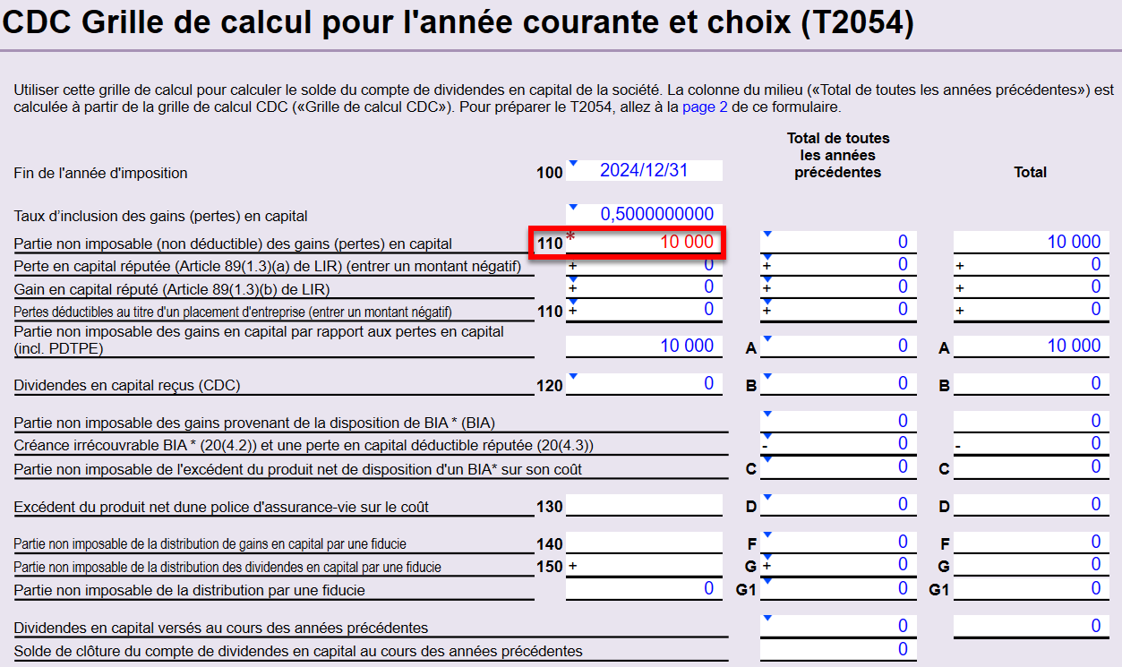 Capture d'écran : CDC Grille de calcul pour l'année courante