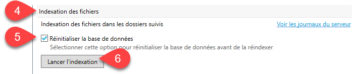 Capture d'écran : Cliquez sur Indexer maintenant pour effacer et réindexer la base de données