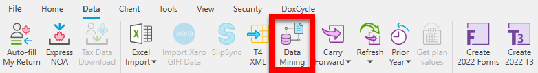 Screen Capture: Data Mining button in TaxCycle