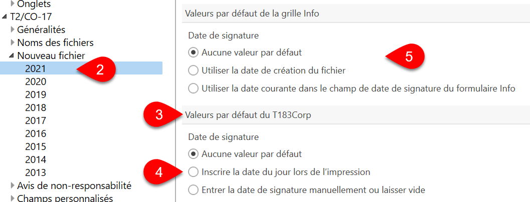 Capture d’écran : Date de signature par défaut