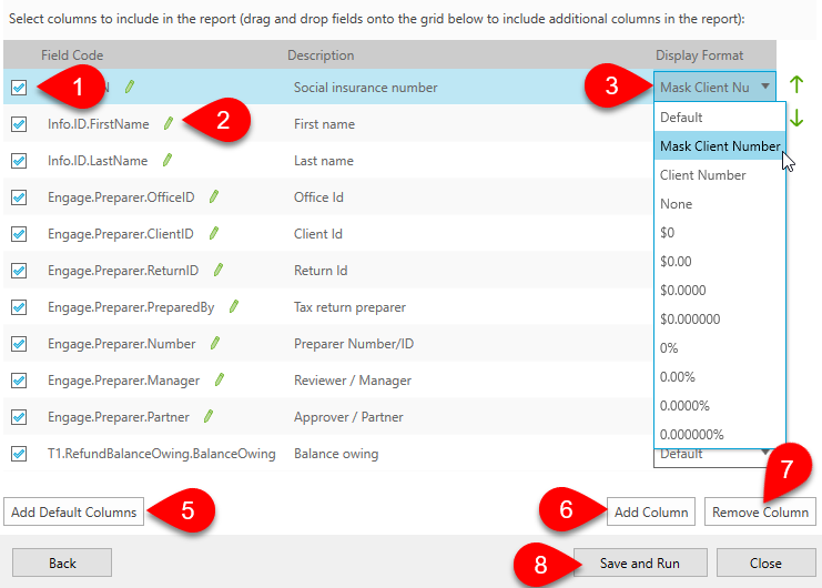 Screen Capture: Select columns to include in your report