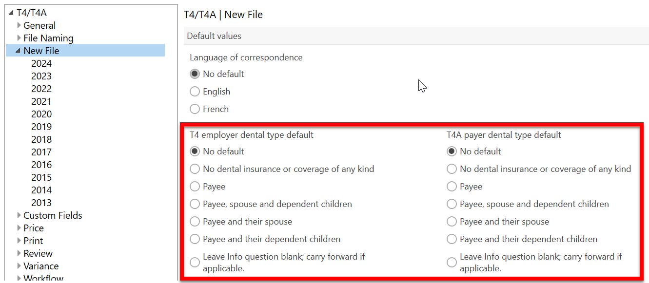 Screen Capture: T4/T4A new file options