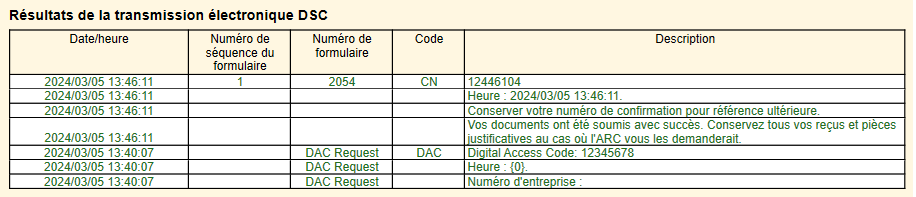 Capture d'écran : Tableau des résultats de transmission sur la grille de calcul DSC