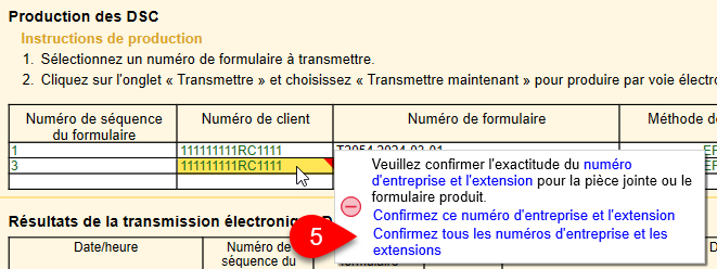 Capture d'écran : Confirmer le numéro d'entreprise et le poste