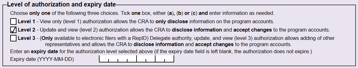 Screen Capture: Level of Authorization and Expiry Date