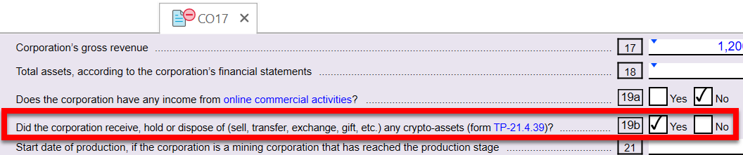 Screen Capture: Crypto-assets question on CO-17 jacket