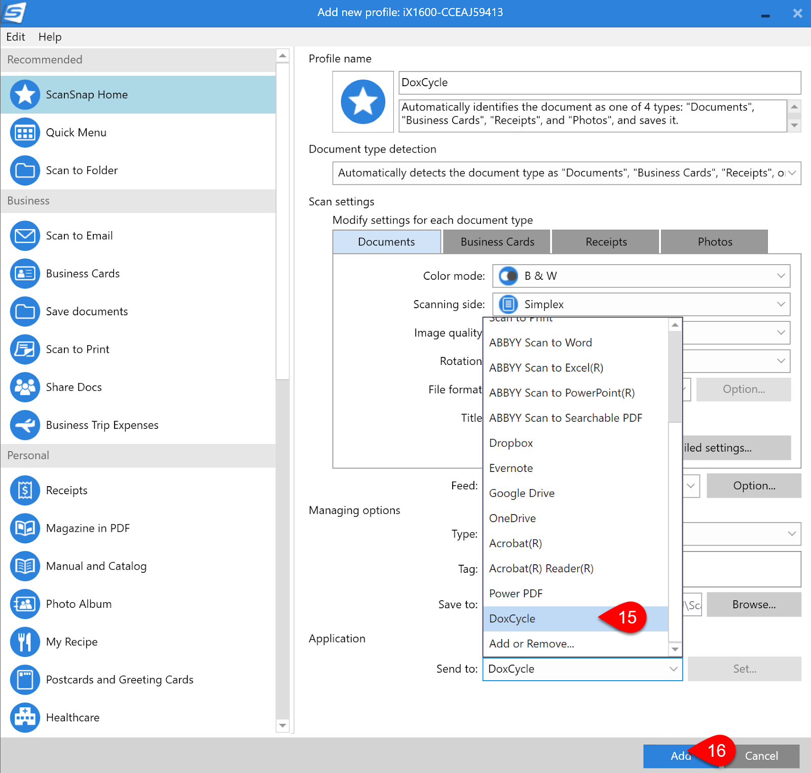 Screen Capture: Select DoxCycle from the dropdown list.