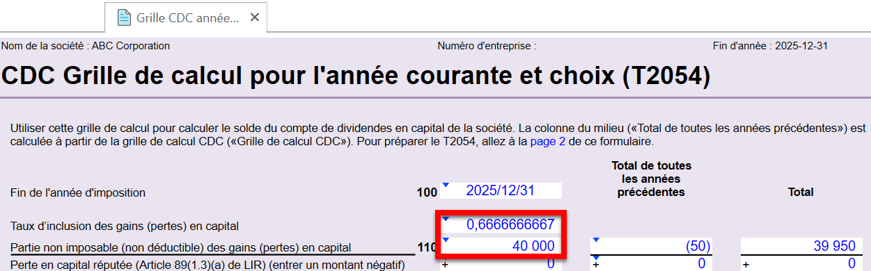 Capture d'écran : Grille de calcul CDC de l'année courante