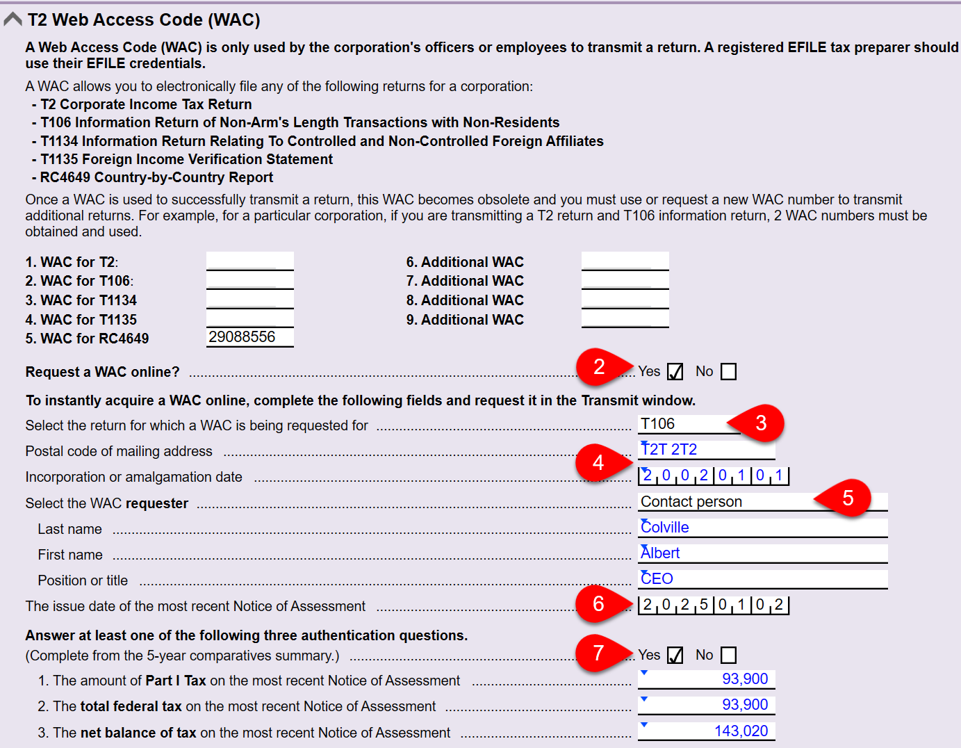 Screen Capture: Request a WAC from the T2CIFWS