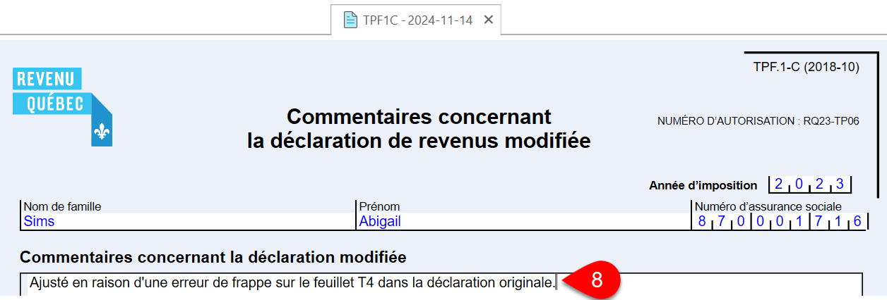 Capture d'écran : Commentaires concernant la déclaration modifiée