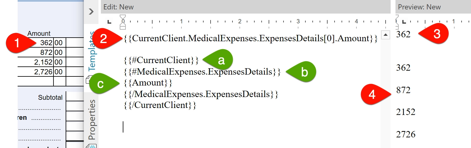 Screen Capture: Medical expense list in a template