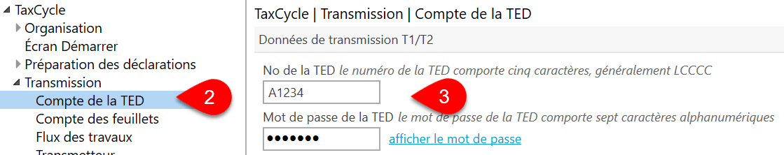 Capture d’écran : Options Comptes de la TED