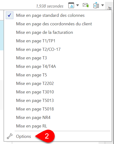 Capture d’écran : Options de disposition de colonnes