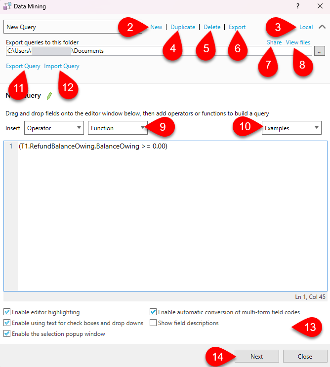 Screen Capture: Data Mining dialog window