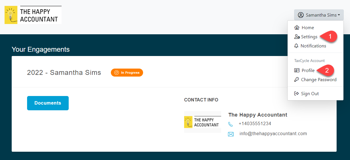 Screen Capture: Settings and Profile in TaxFolder Client Portal