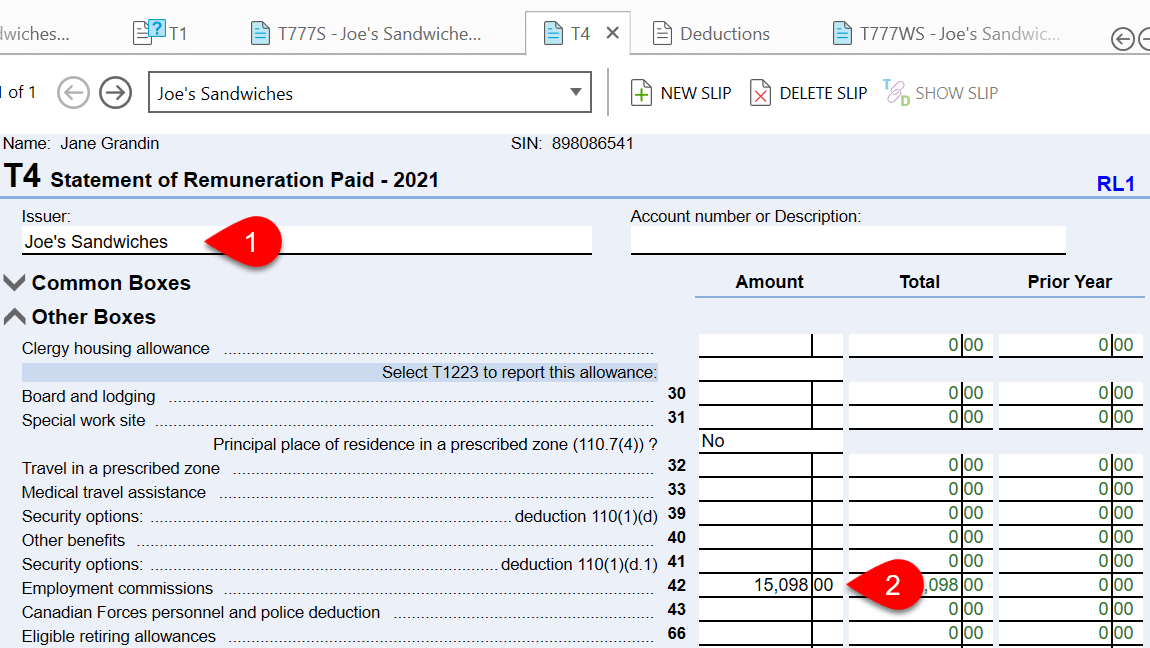 Screen Capture: T4 Slip with Commission Income