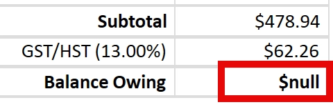 Screen Capture: Null Balance Owing