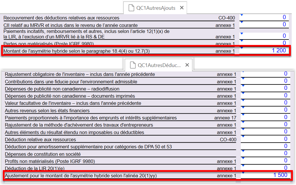 Capture d'écran : QC1AutresAjouts et QC1AutresDeductions