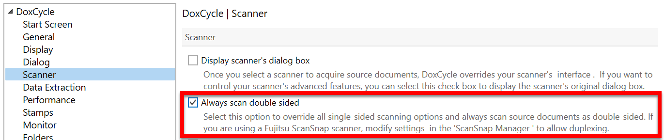 Screen Capture: Always double sided check box in Scanner options