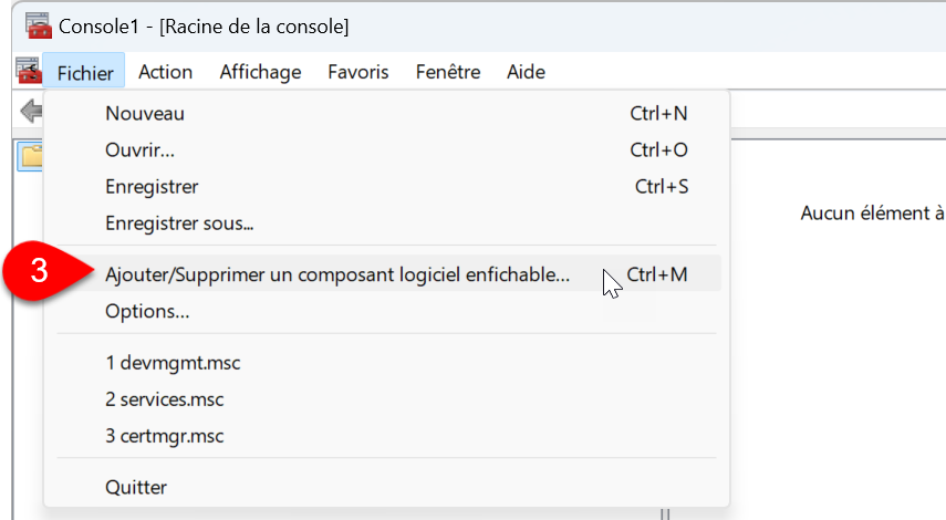 Capture d'ecran : Ajouter/Supprimer un composant logiciel enfichable