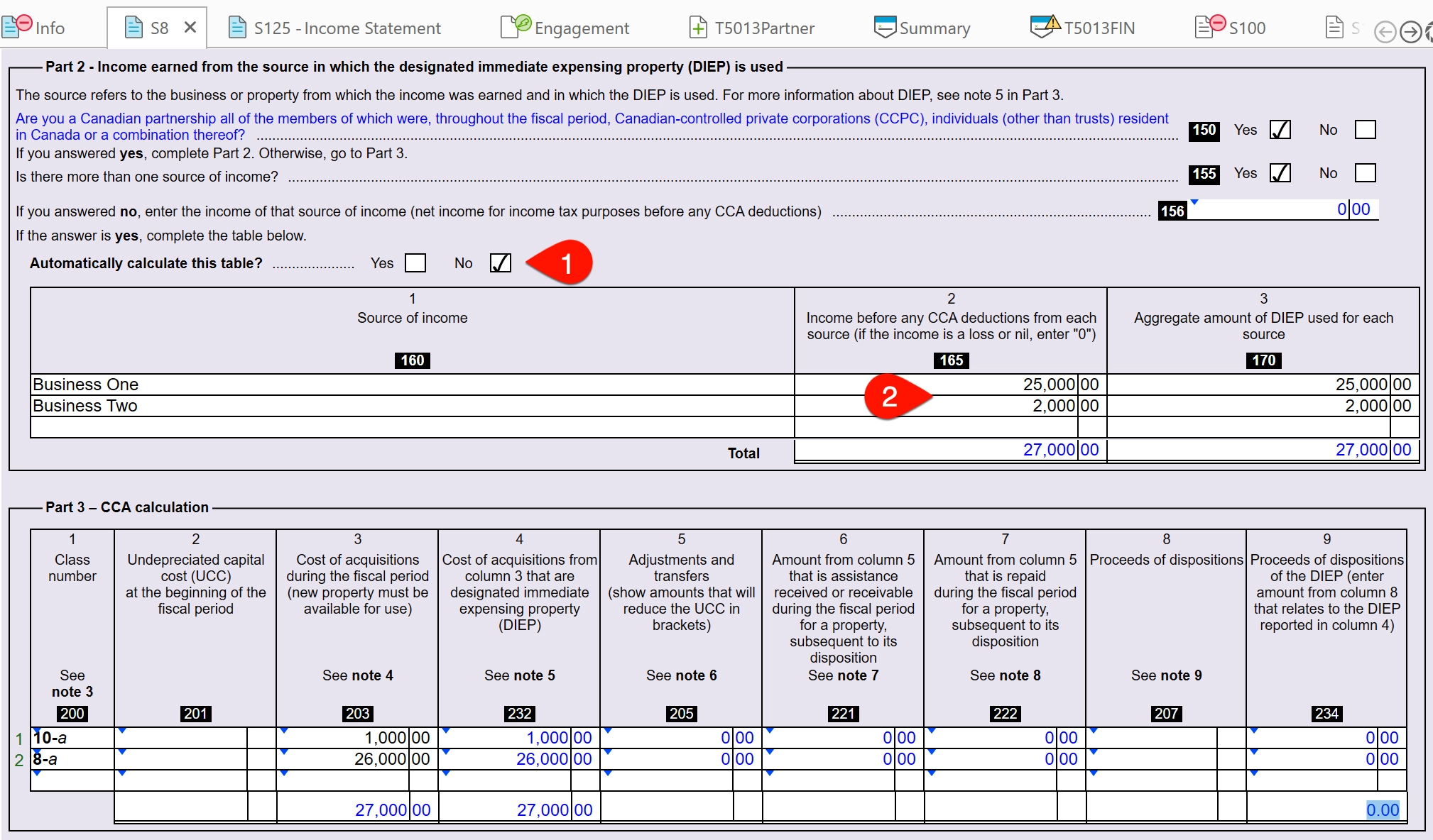 Screen Capture: T5013 Schedule 8, Multiple Sources of Income, Column 2, Line 165